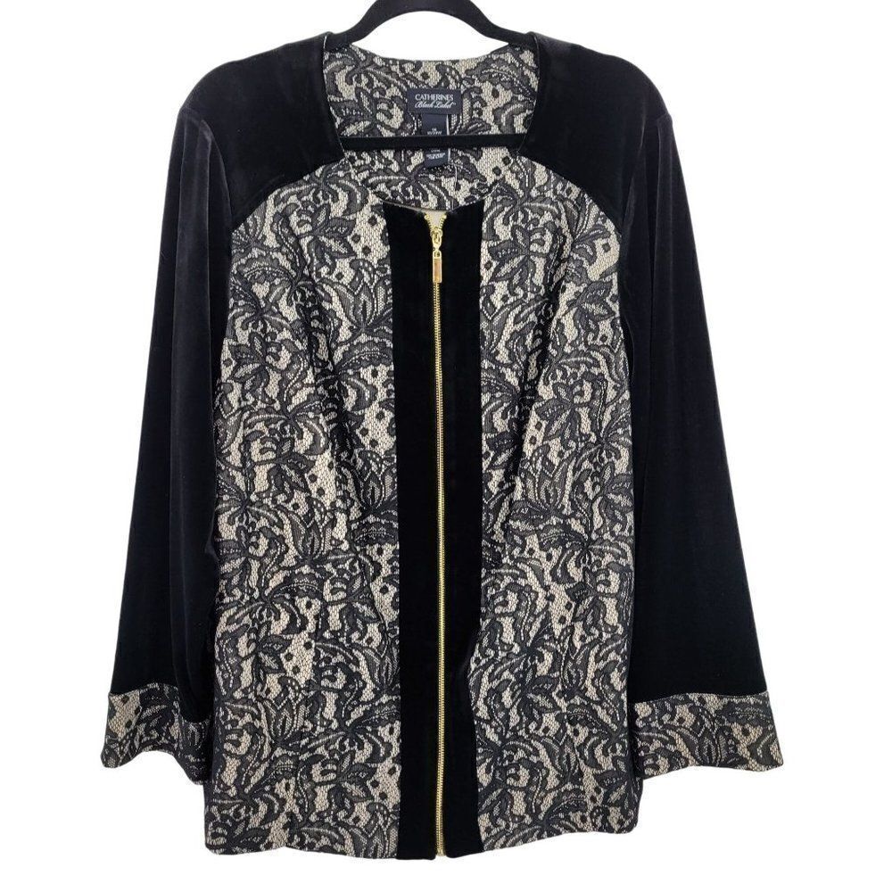 Catherines Black Label Formal Shacket Top 1X Black Velour Lace Blocking Zip Goth - Picture 1 of 14